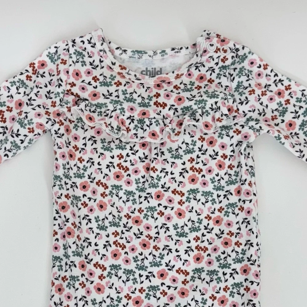 Carter’s Child Of Mine Pink Green White Boho Floral Ruffle Long Sleeve Bodysuit